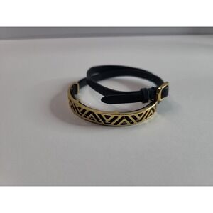 Black Faux Leather Wrap Bracelet Gold Tone Geometric Bar and Crescent Charm